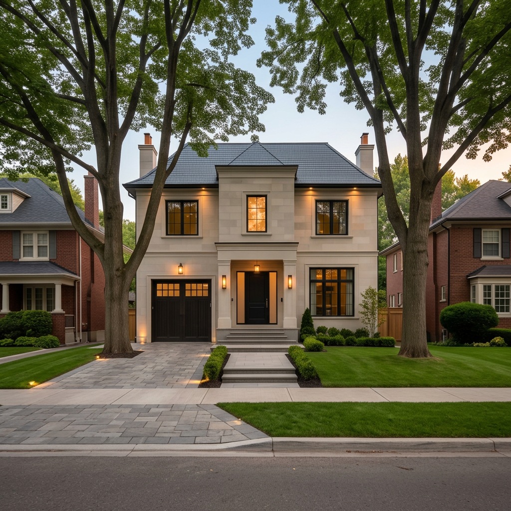Forest Hill village-area-inspired mature residential frontage, refined modern-classic limestone house, restrained roofline and generous trees; no exact named-road reproduction.
