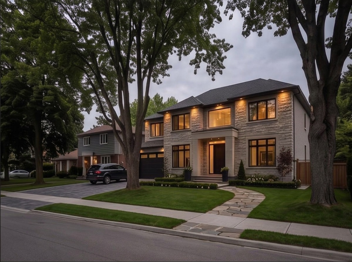 South Richvale-inspired mature residential street, broad front garden and meaningful setback, contemporary stone home with warm lighting; not a recreation of Duncan Road.