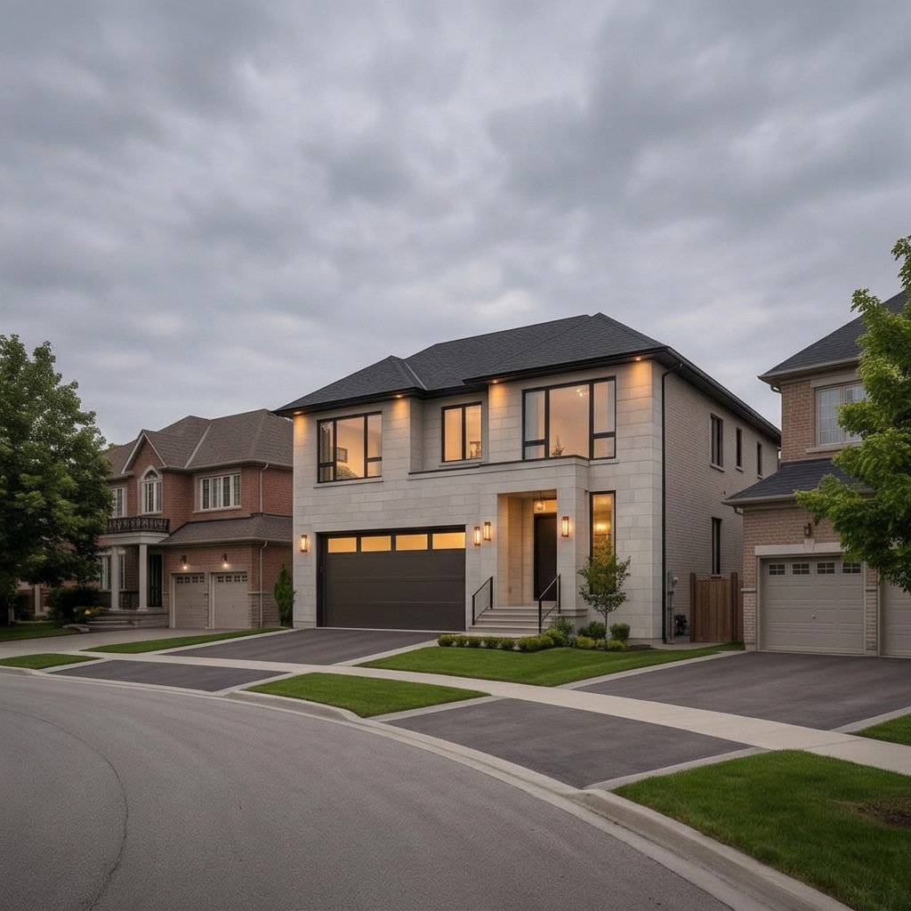 Glenway-inspired curved established suburban street, detached contemporary houses, realistic front gardens and gentle southern Ontario terrain, not a downtown heritage replica.