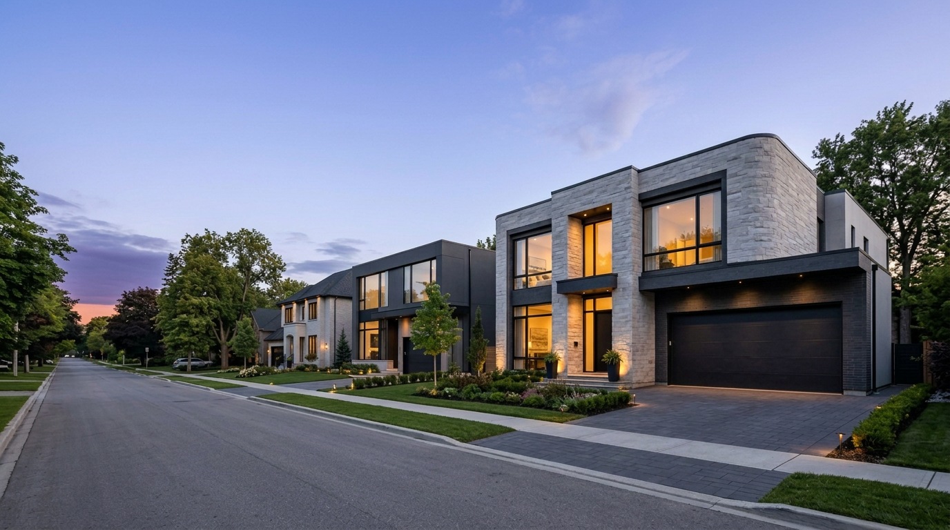 Architectural concept of a Toronto-style residential street with modern homes, garages and driveway access at dusk