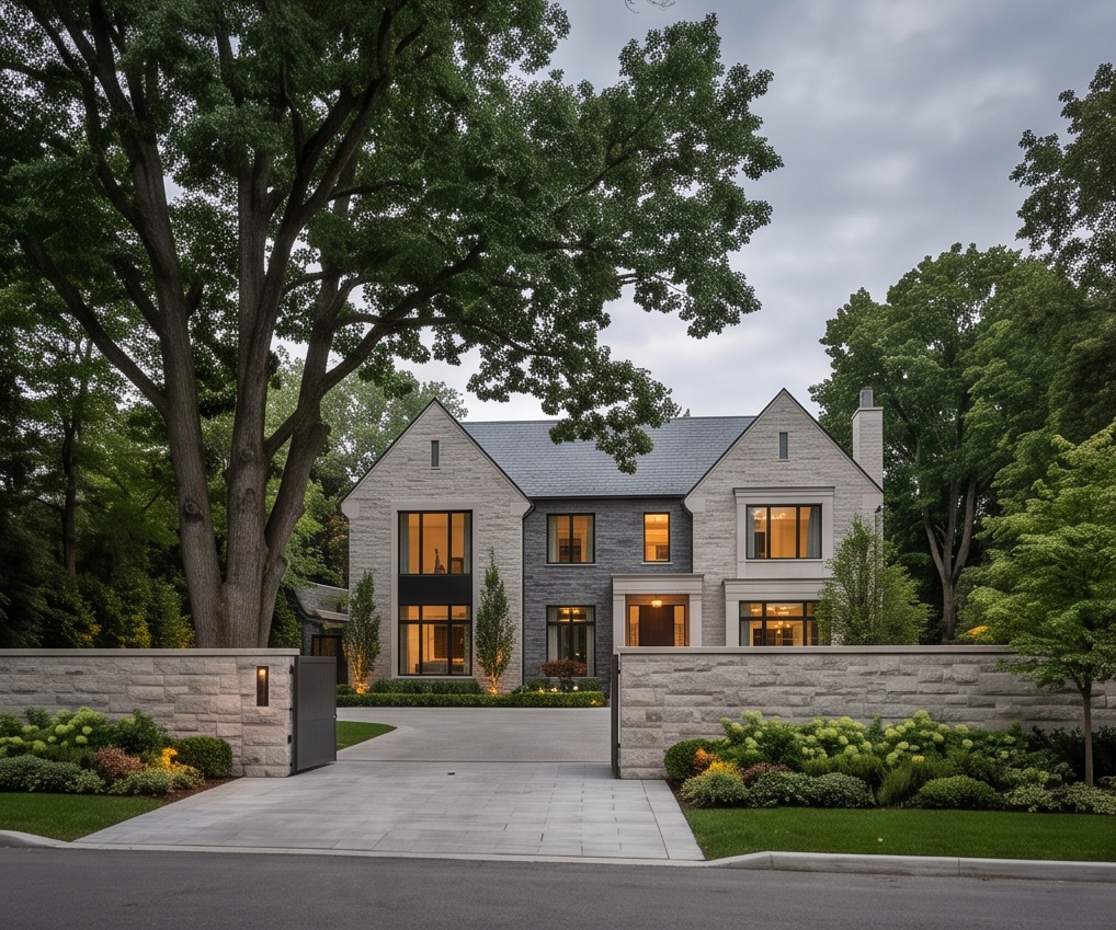 Estate-district-inspired deep setback, substantial mature canopy and discreet gated arrival. No invented depiction of an actual Bridle Path property.