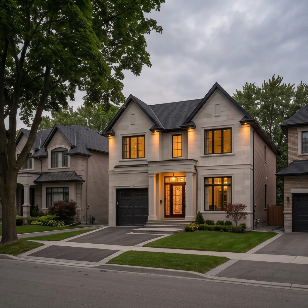 Kingsway-inspired leafy interior street with sympathetic pitched modern-classic roof and mature canopy. No waterfront shown or asserted.