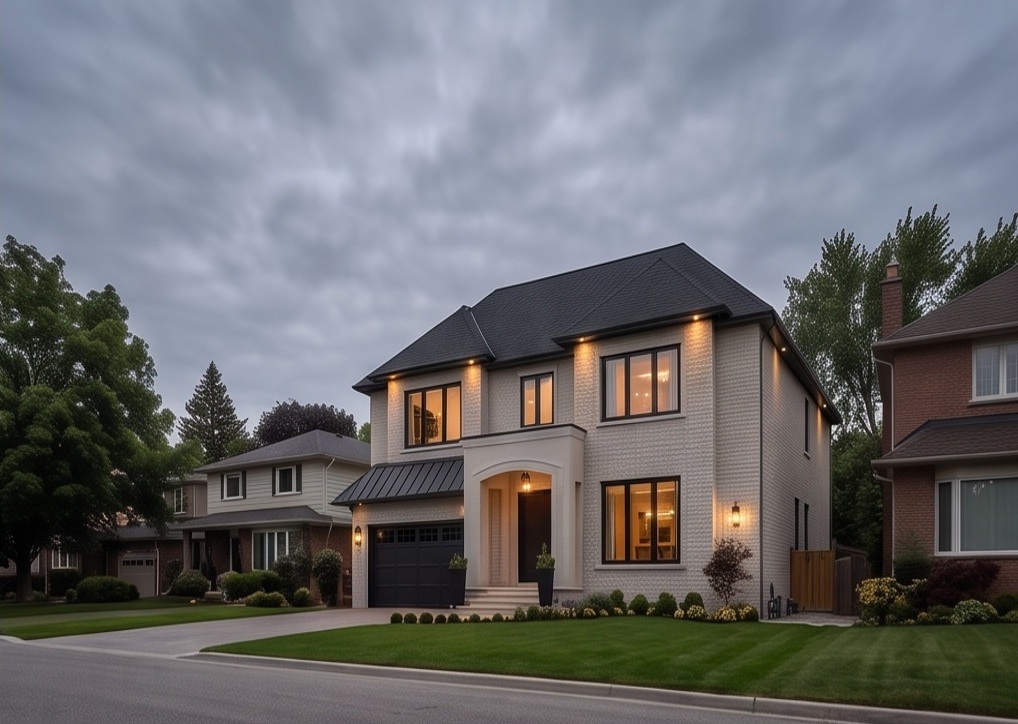 Unionville-area-inspired leafy detached setting, restrained modern-classic stone home. Do not recreate or replace the protected historic Main Street.