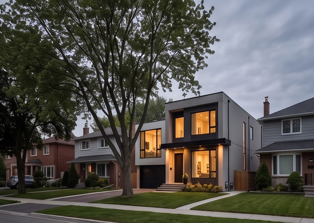 Willowdale-inspired level street; mature deciduous canopy, moderate detached frontages, sidewalks and contemporary infill. No invented skyline or specific street claim.