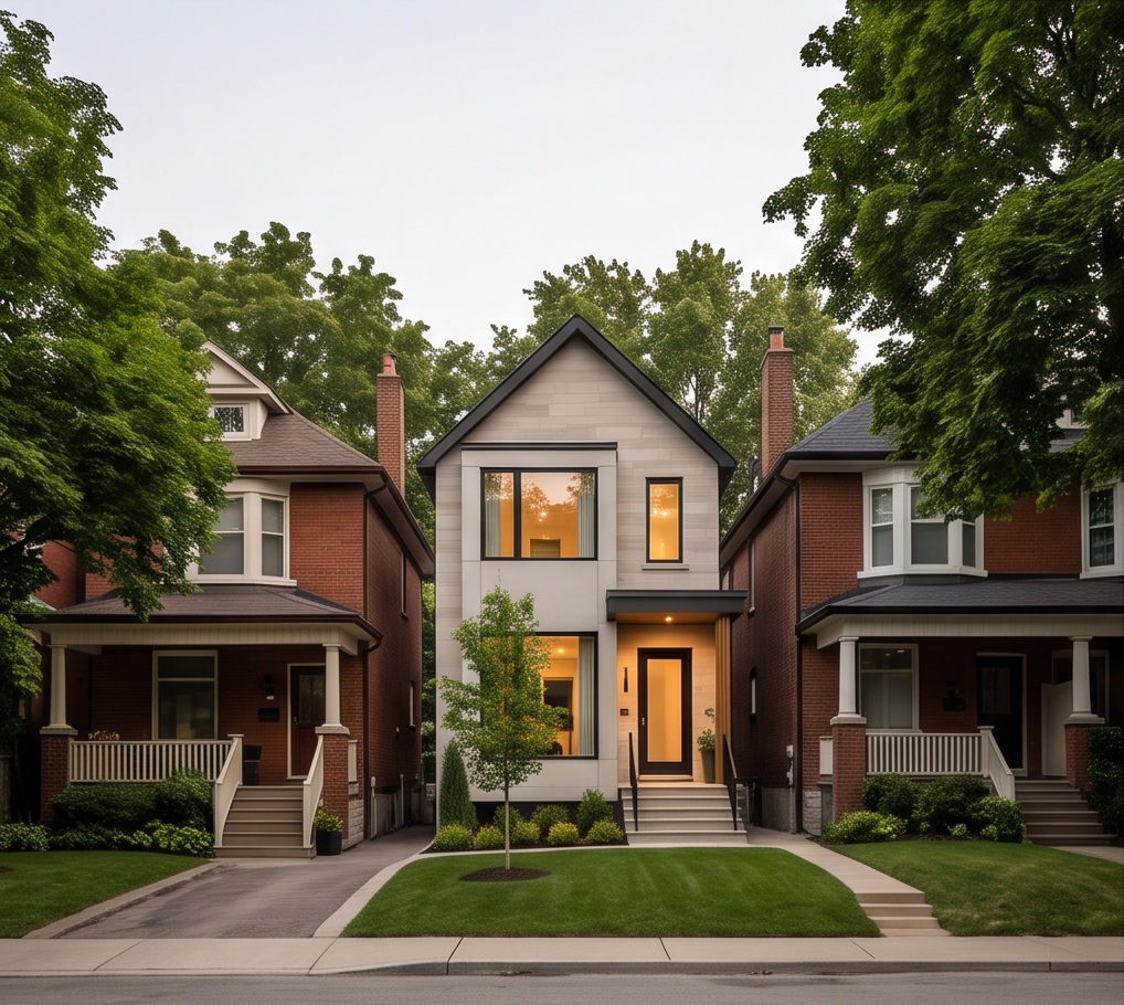 Interior Beaches-inspired compact detached street with porches, mature trees and slight grade. No lake view, shoreline access or invented coastal geography.